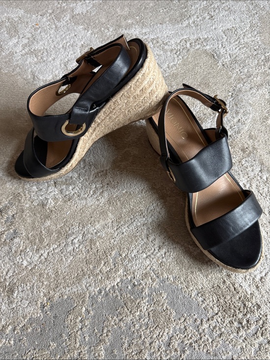 Vionic Shoes - Vionic Black Leather Espadrille Wedge Sandals